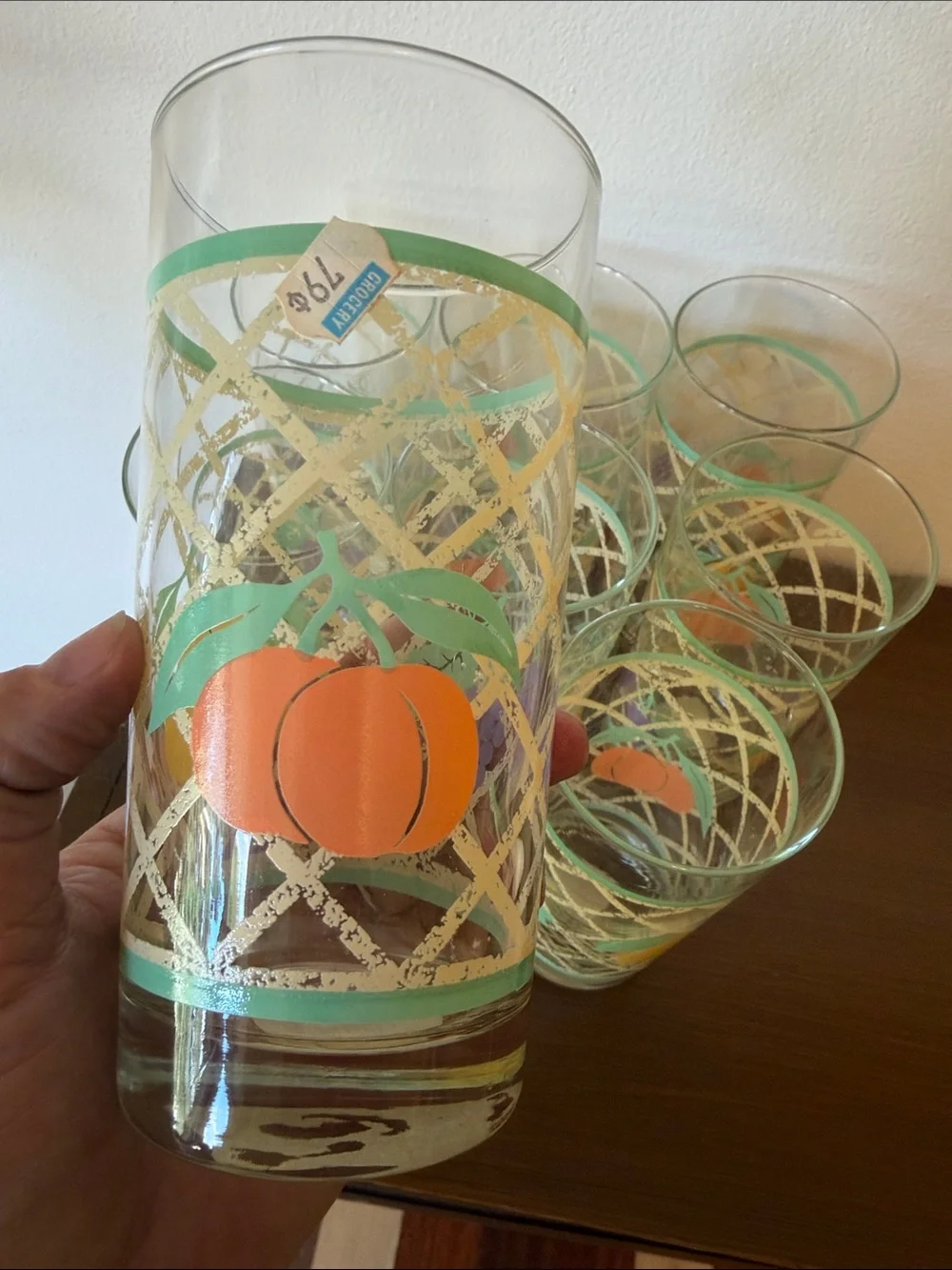 Libbey Vintage Fruit-Patterned Tall Drinking Glasses - Teal & Yellow (Set of 8)